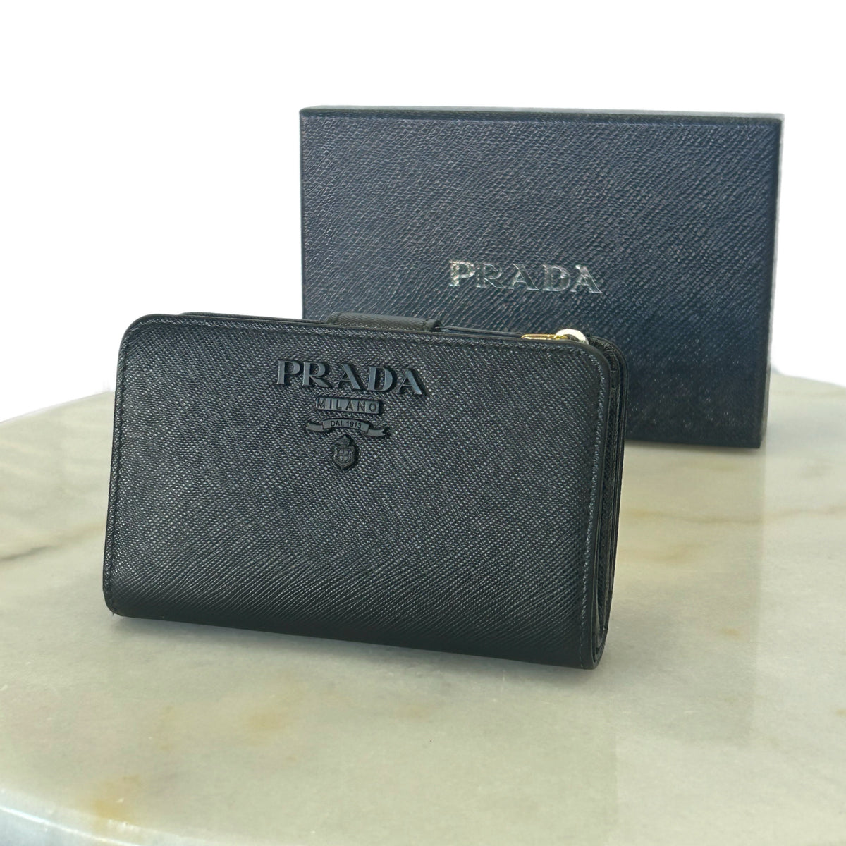 PRADA - Black Saffiano Compact Wallet