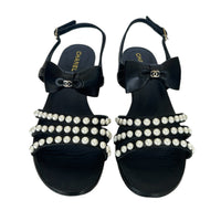 CHANEL - Pearl & Leather Bow Sandals Sz 40C