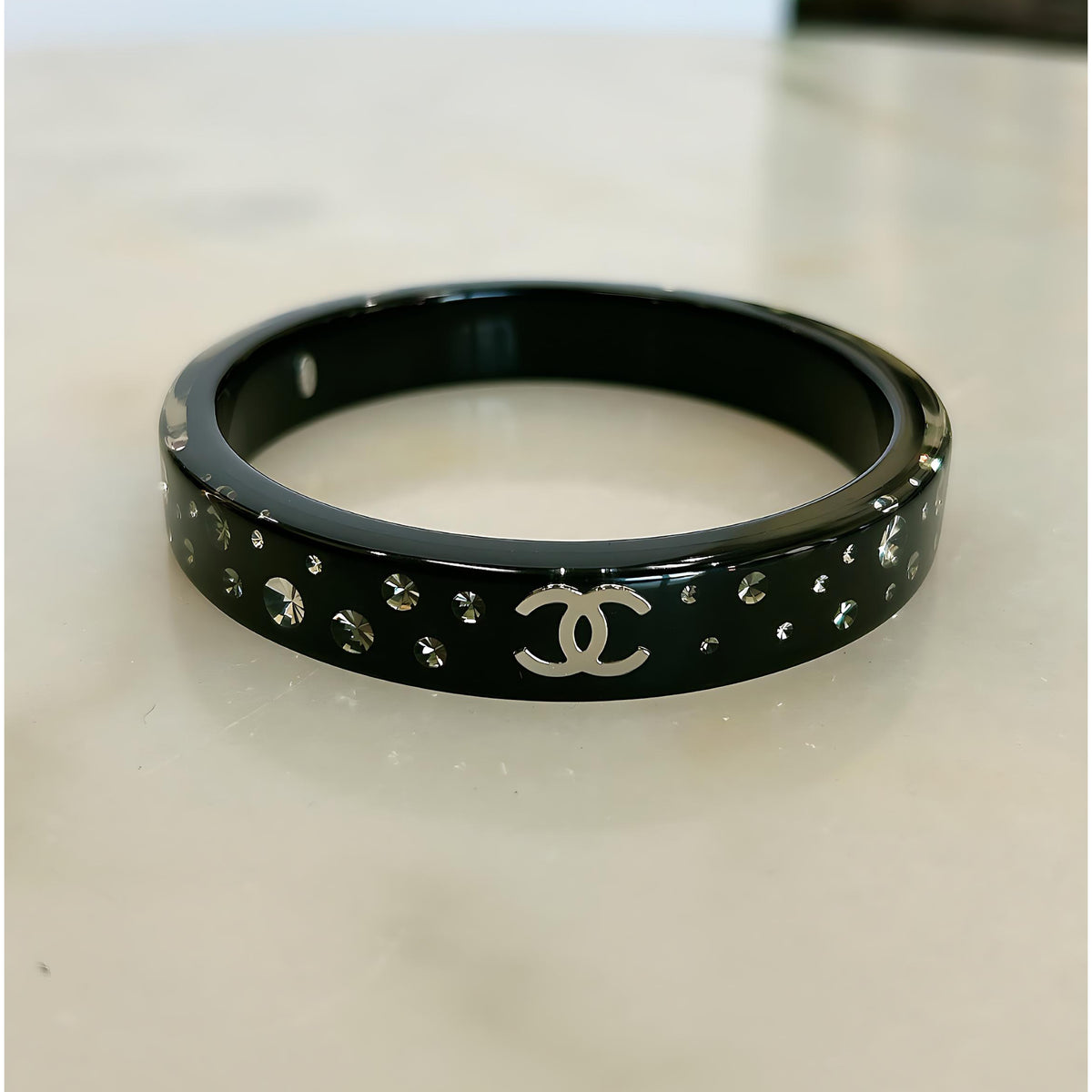 CHANEL - Black Resin Crystal CC Bangle