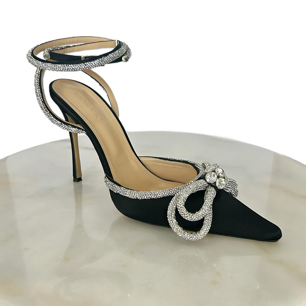 MACH & MACH - Double Bow Embellished Black Satin Pumps 41.5