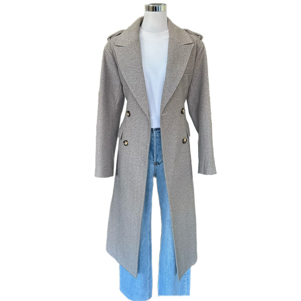DUCIE - Herringbone Wool Blend Belted Grey Coat Sz L