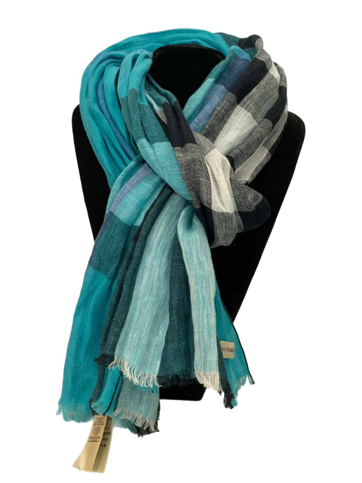 BURBERRY - Turquoise Check Linen Long Scarf