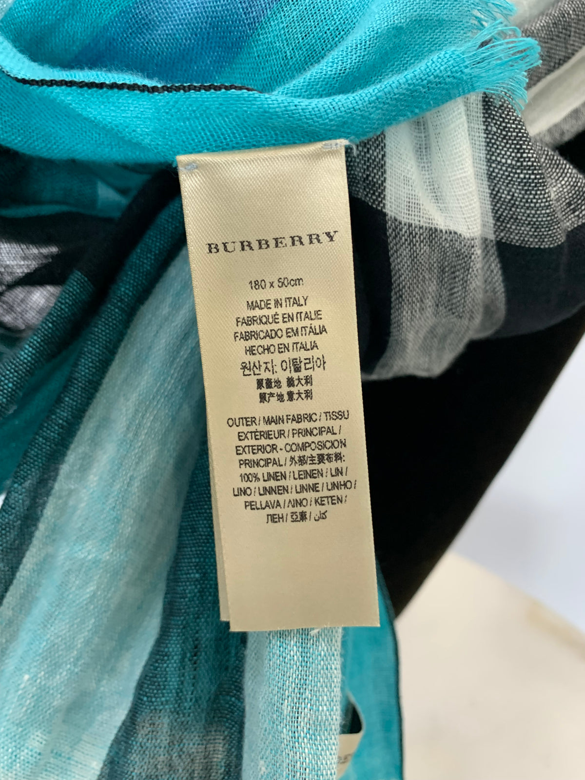 BURBERRY - Turquoise Check Linen Long Scarf