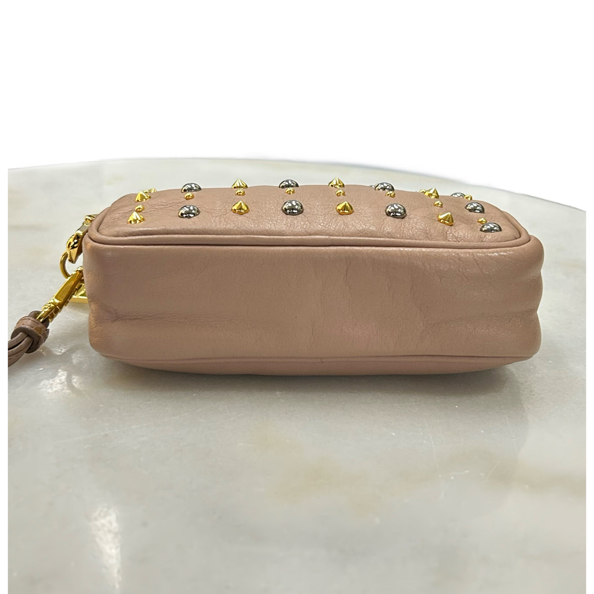 MIU MIU - Pink Leather Studded Double Zip pouch