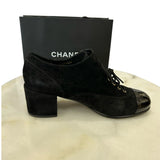 CHANEL - Pearl & Black Suede Leather Block Heel Shoes Sz 39.5