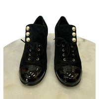 CHANEL - Pearl & Black Suede Leather Block Heel Shoes Sz 39.5