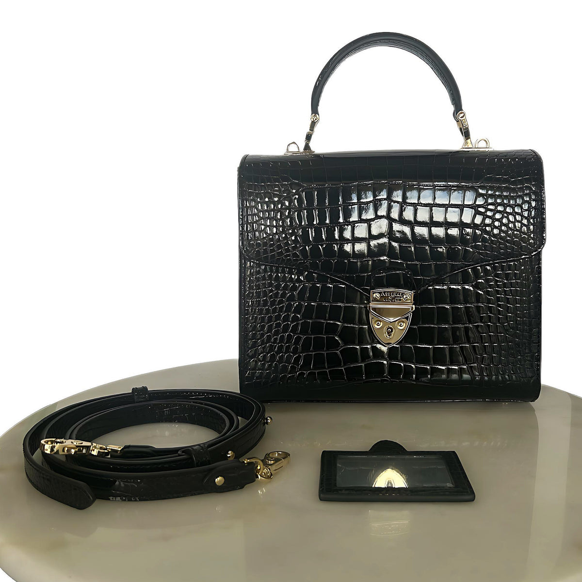 ASPINAL OF LONDON - Mayfair Black Patent Croc Bag