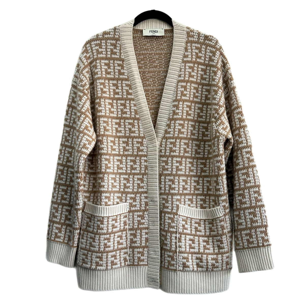 FENDI - FF Motif Cashmere Cardigan in Camel/Natural - Size AUS 10-12