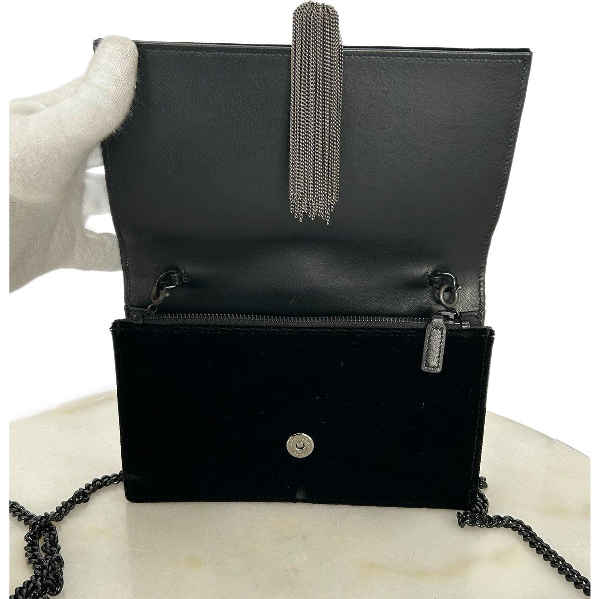 SAINT LAURENT - Kate Black Velvet & Crystal Tassel Bag
