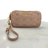 MIU MIU - Pink Leather Studded Double Zip pouch