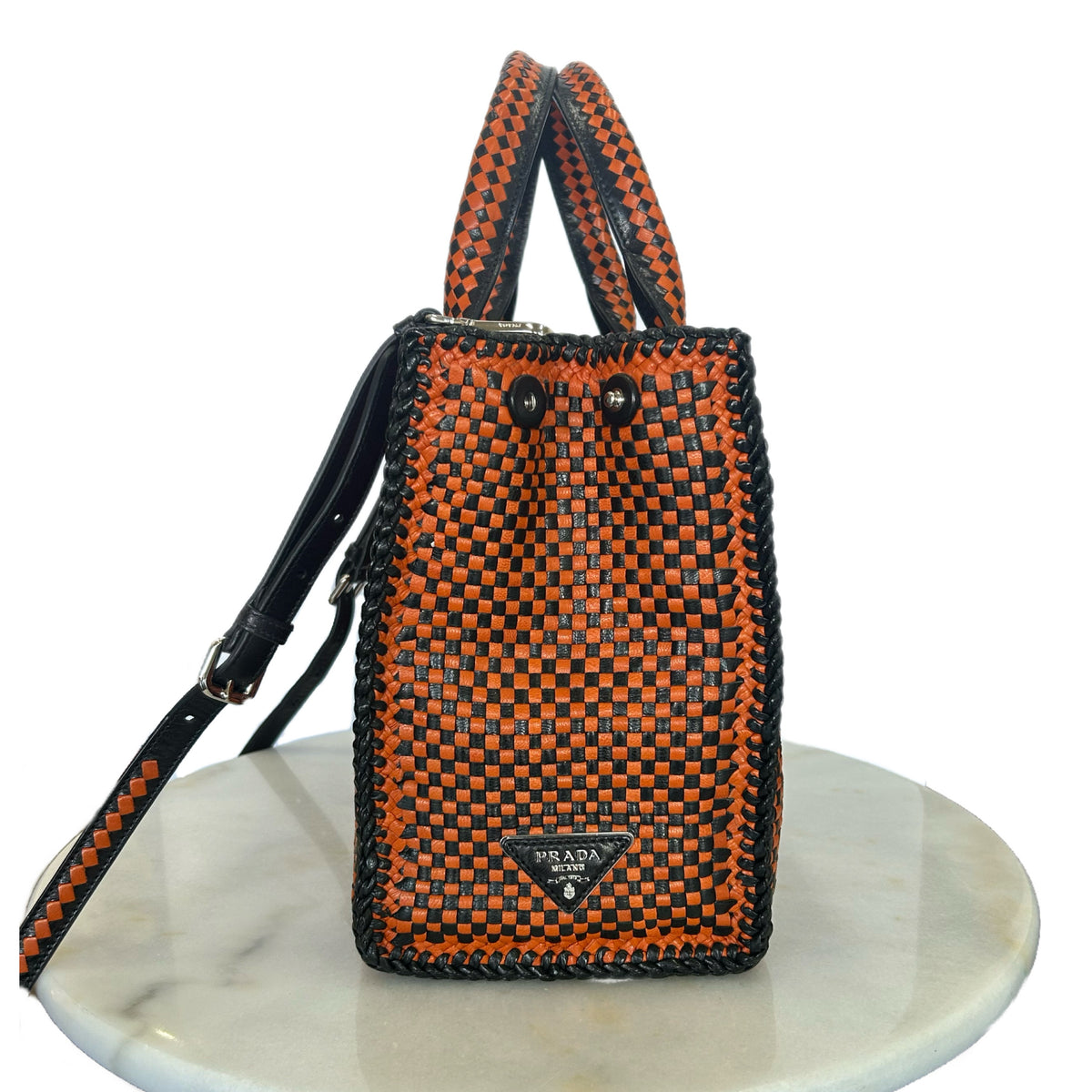 PRADA - Madras Woven Leather Tote Bag