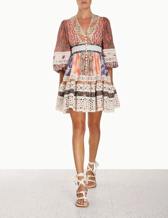 ZIMMERMANN - Devi Spliced Linen Mini Dress Sz 1