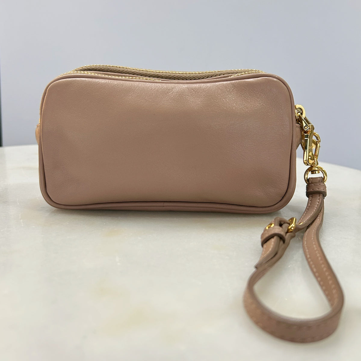 MIU MIU - Pink Leather Studded Double Zip pouch