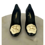 CHANEL - Black Leather Camellia Pumps Sz 38