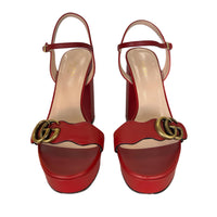 GUCCI - Red Leather GG Marmont Block Sandals Size EU 38
