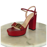 GUCCI - Red Leather GG Marmont Block Sandals Size EU 38
