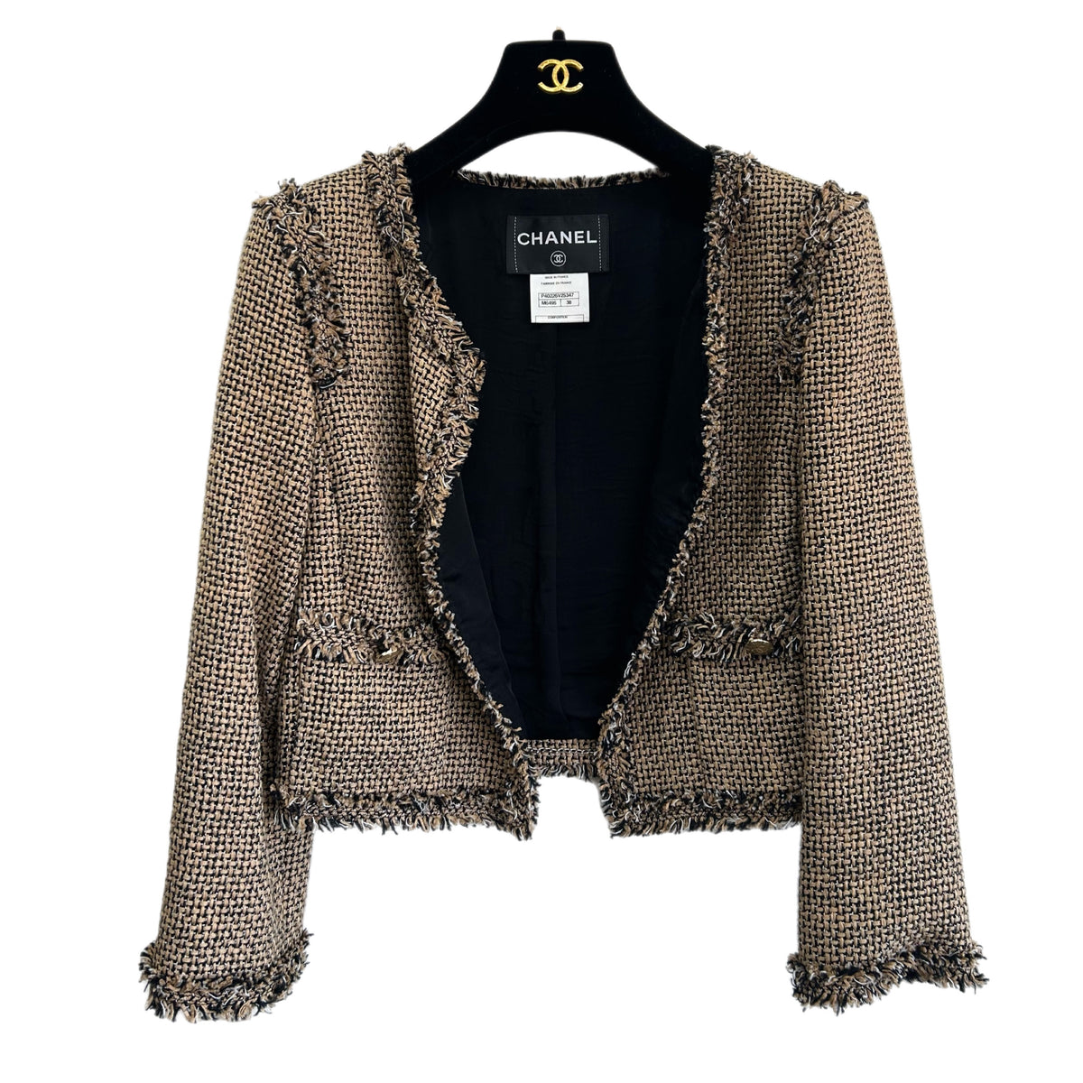 CHANEL - Brown & Black Tweed Fringe Jacket Sz 38