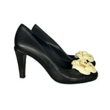 CHANEL - Black Leather Camellia Pumps Sz 38