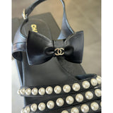 CHANEL - Pearl & Leather Bow Sandals Sz 40C