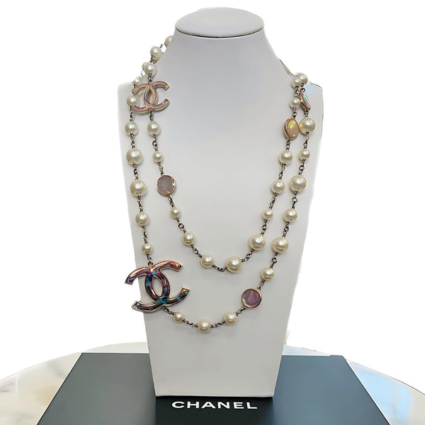 CHANEL - Iridescent Enamel & Pearl CC Long Necklace
