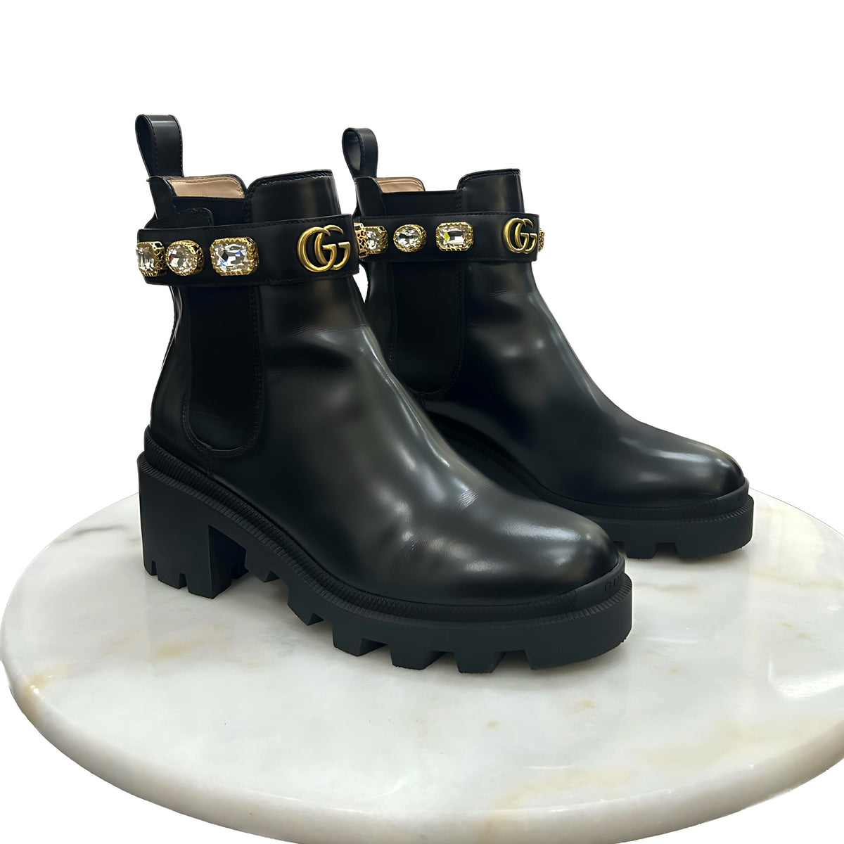 GUCCI - Leather Crystal Embellished Ankle Boots Sz 37.5