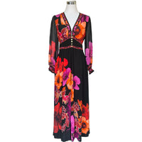 CAMILLA - Midnight Poppy Button Dress With Shaped Waistband Sz S