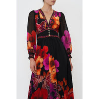 CAMILLA - Midnight Poppy Button Dress With Shaped Waistband Sz S