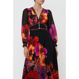 CAMILLA - Midnight Poppy Button Dress With Shaped Waistband Sz S