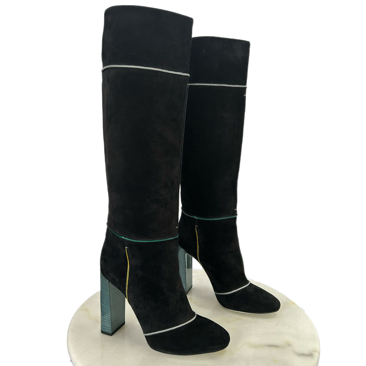 FENDI - Tall Black Suede Block Heel Boots Sz 40