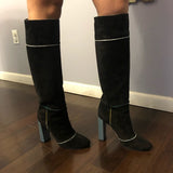 FENDI - Tall Black Suede Block Heel Boots Sz 40