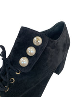 CHANEL - Pearl & Black Suede Leather Block Heel Shoes Sz 39.5