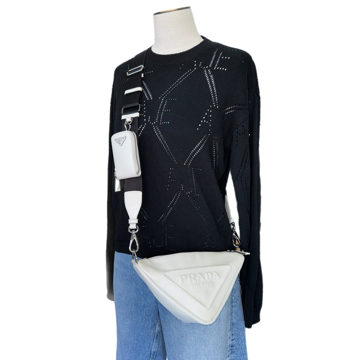 PRADA - White Leather Triangle Crossbody Bag
