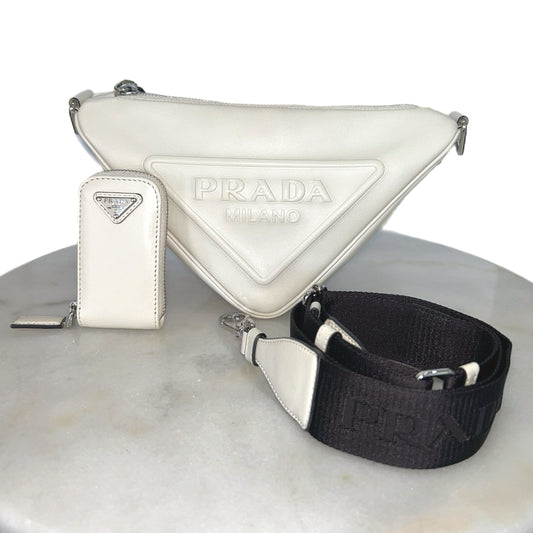 PRADA - White Leather Triangle Crossbody Bag